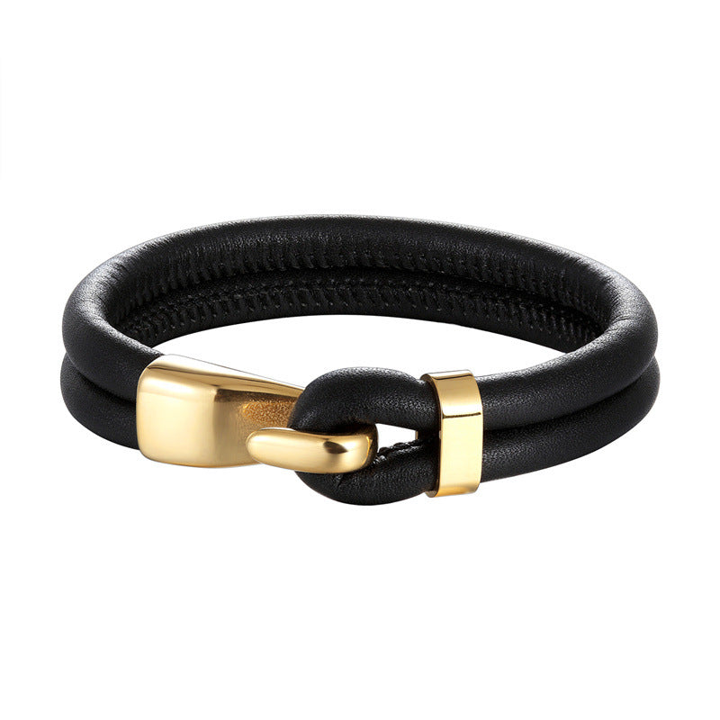 Two-Strand Leather Hook Bracelet, smooth gold-tone finish
