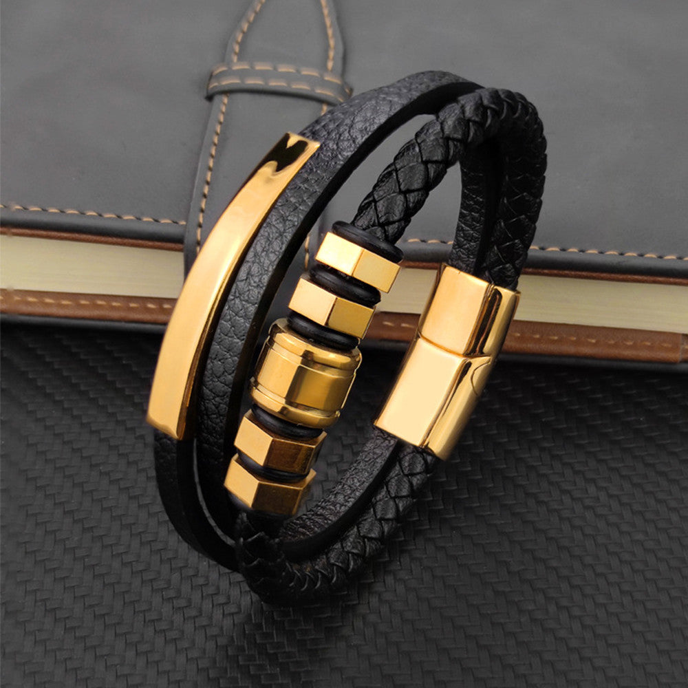 Hexagon Leather Cord Bracelet with gold-tone finish view 4