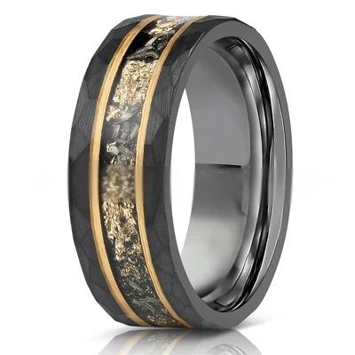 8mm Black Tungsten Carbide Gold Flake Ring with faceted texture