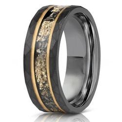 8mm Black Tungsten Carbide Gold Flake Ring with faceted texture
