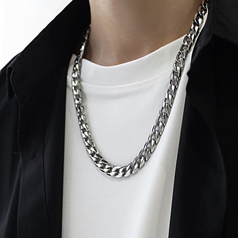 10mm Titanium Steel Cuban Link Chain, silver, on model view 3