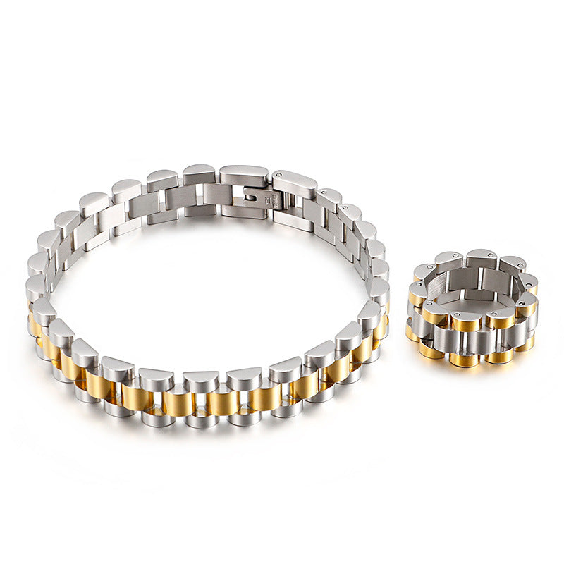 Titanium Steel President Link Bracelet and Ring Set in gold-tone view 6