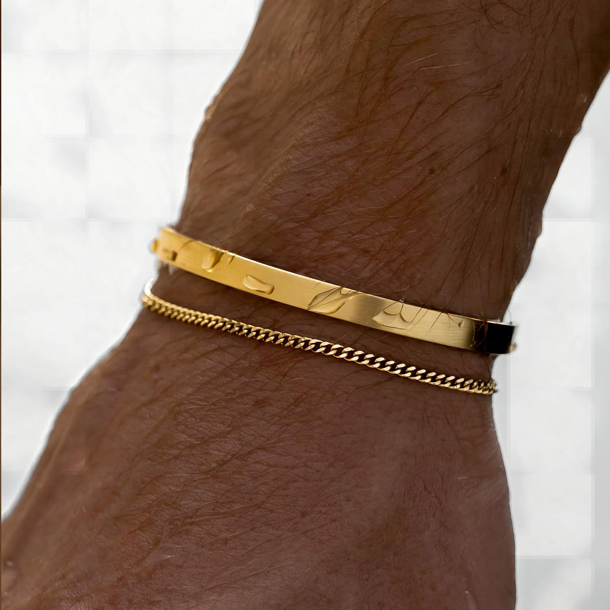Stainless Steel Cuff and Curb Chain Bracelet Set in silver tone with etched details view 3