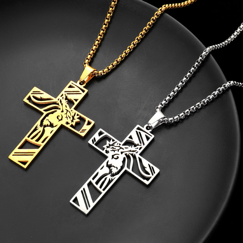 Hollow Cross Titanium Steel Pendant Necklace in silver and gold-tone finishes