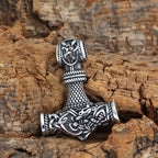 Viking Mjolnir Hammer Pendant Necklace with intricate knotwork on a wheat chain view 4