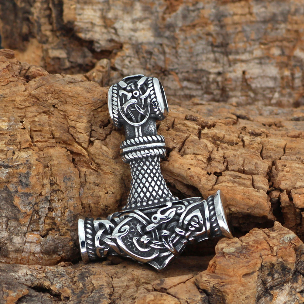 Viking Mjolnir Hammer Pendant Necklace with intricate knotwork on a wheat chain view 4