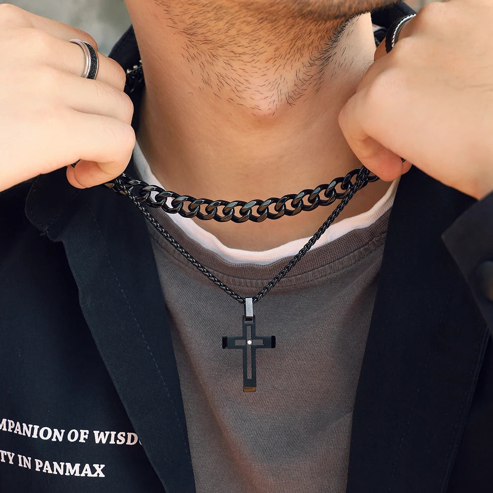 Black Plated Stainless Steel Cut-Out Cross Necklace