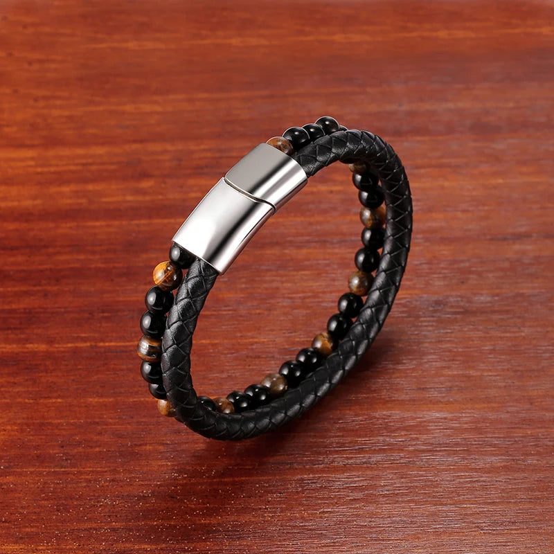 Beaded Tiger Eye Leather Bracelet