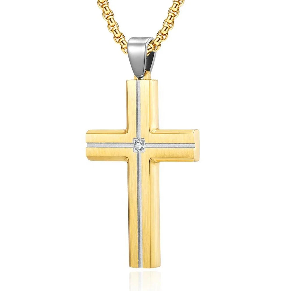 Modern Two-Tone Cross Pendant Necklace with Zircon