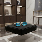 Aqua Crystal Rectangular Silver-Tone Cufflinks