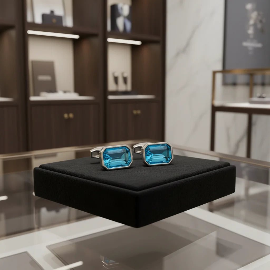 Aqua Crystal Rectangular Silver-Tone Cufflinks