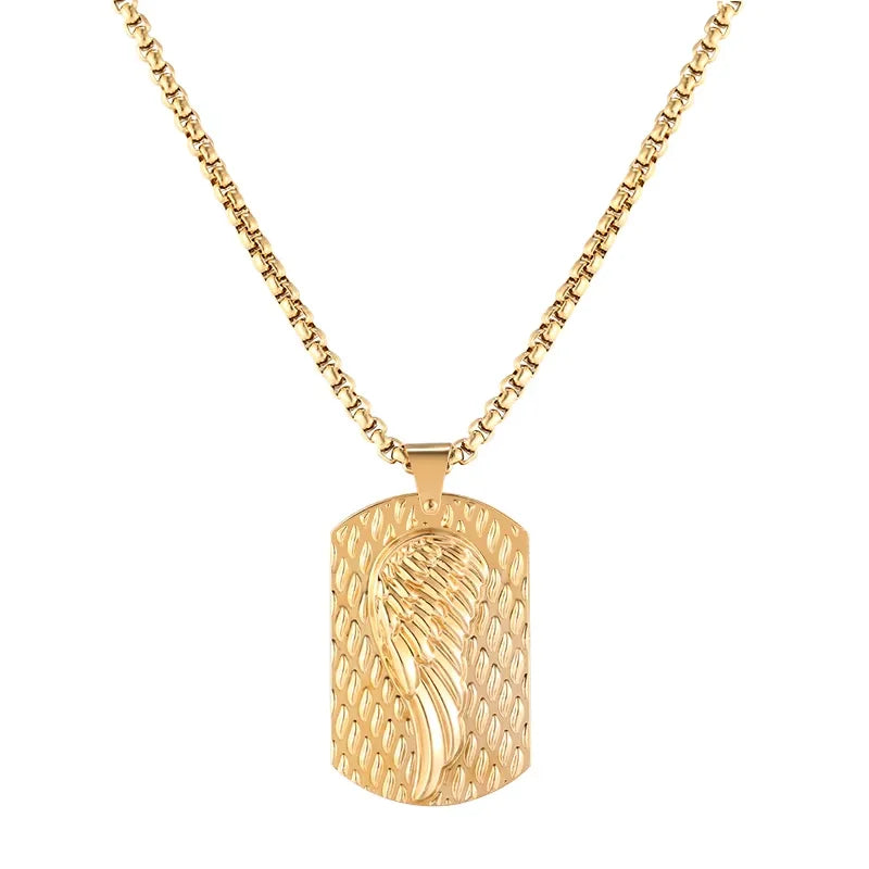 Polished gold-plated men's necklace with a dog tag pendant featuring an embossed wing design