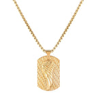 Polished gold-plated men's necklace with a dog tag pendant featuring an embossed wing design