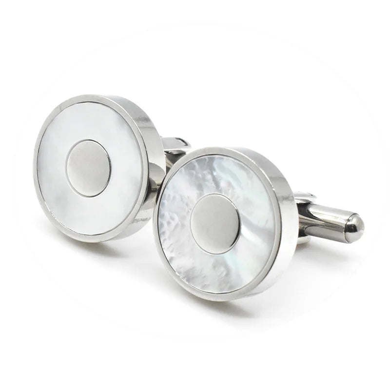 Mother of Pearl Inlay Circle Silver Tone Cufflinks