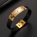 Men's Gold-Tone Stainless Steel Leather Zircon Bracelet