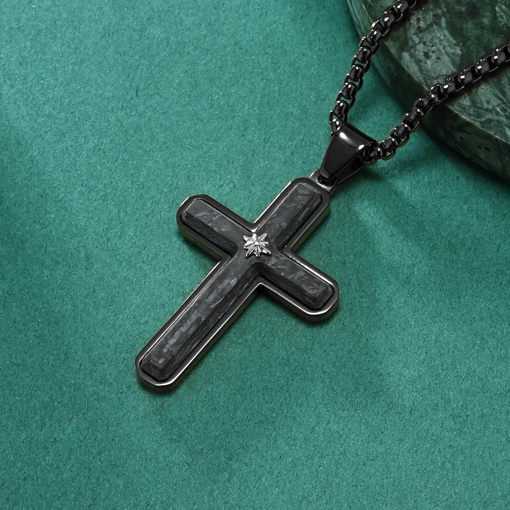 Men's Carbon Fiber Cross Pendant with Star Necklace