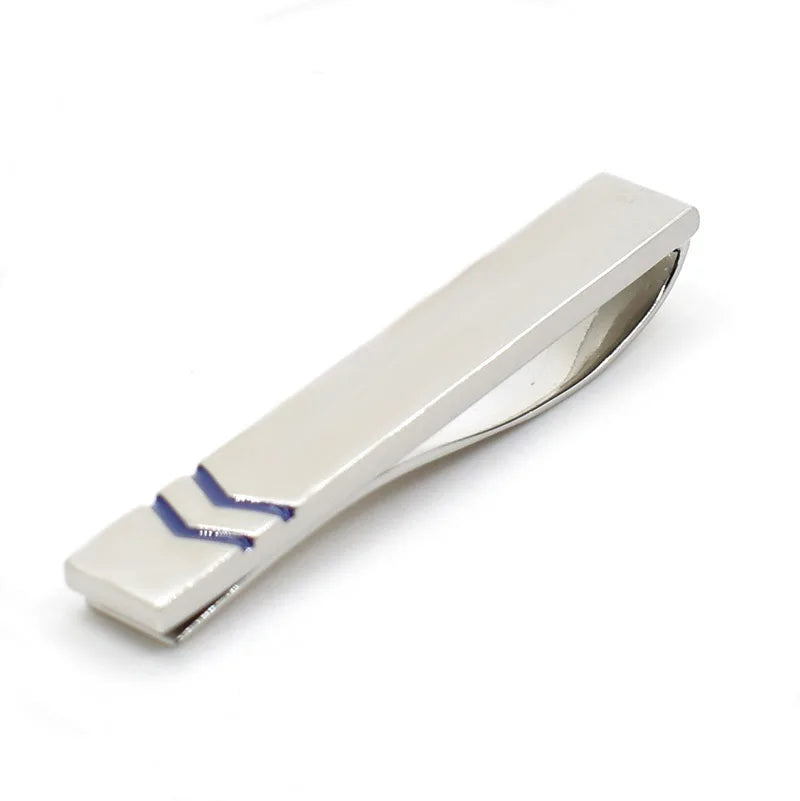 Polished Silver Tie Clip with Blue Chevrons