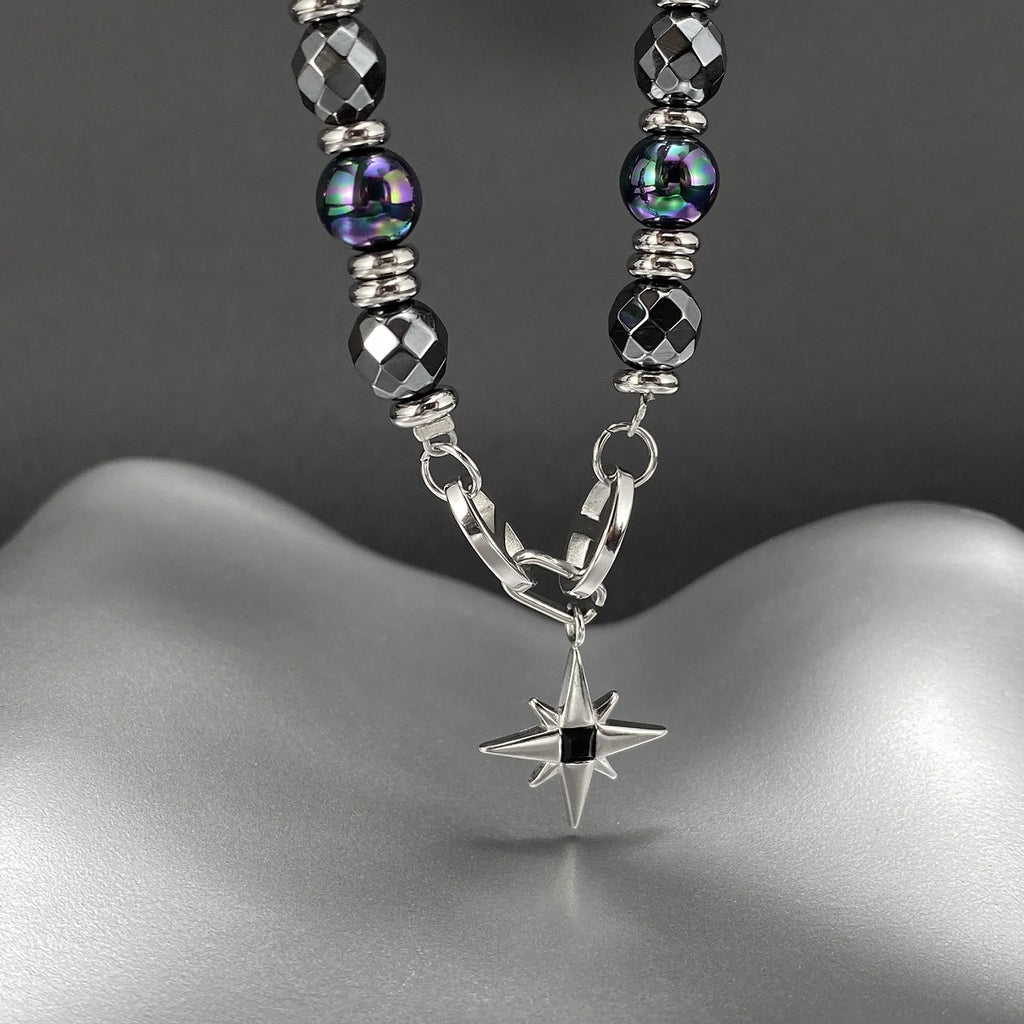 Stainless Steel Figaro Chain with Hematite Star Necklace