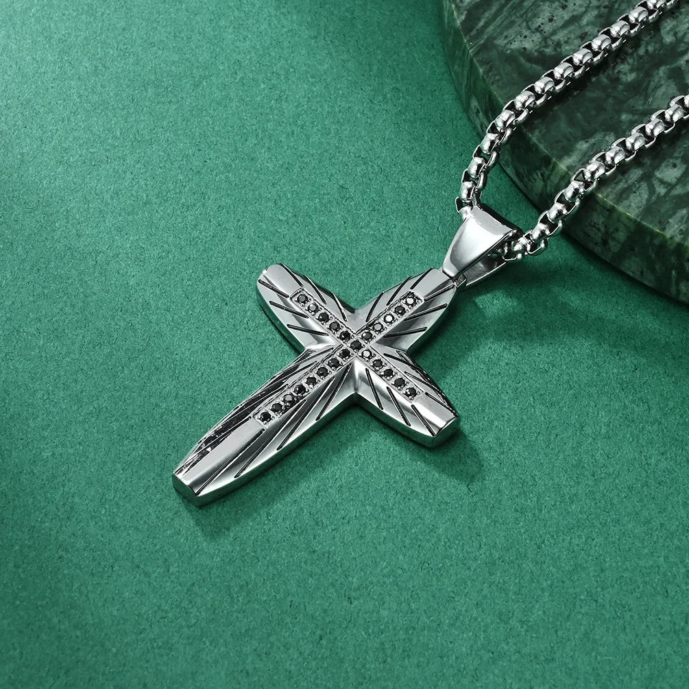 Men's Polished Cross Necklace with Engraved Cubic Zirconia