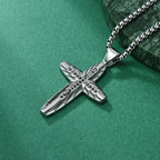 Men's Polished Cross Necklace with Engraved Cubic Zirconia