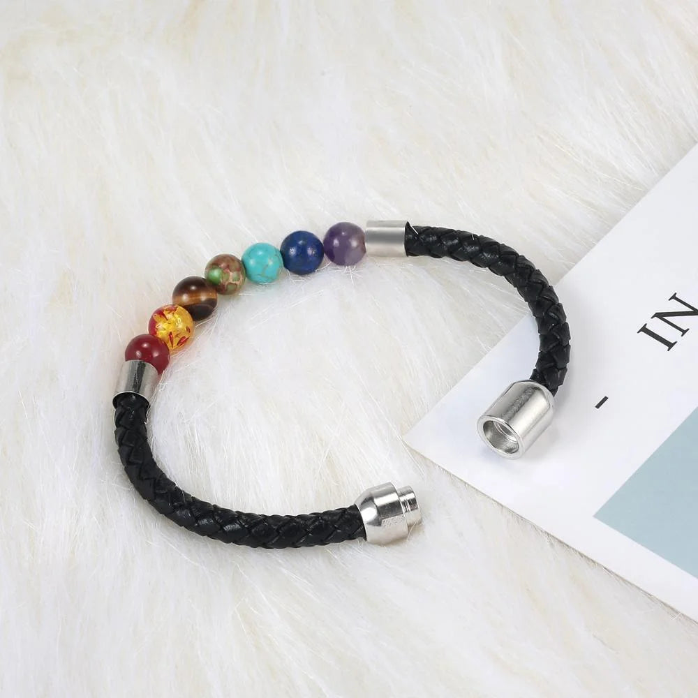 Rainbow Chakra Gemstone Beaded Braided Leather Bracelet