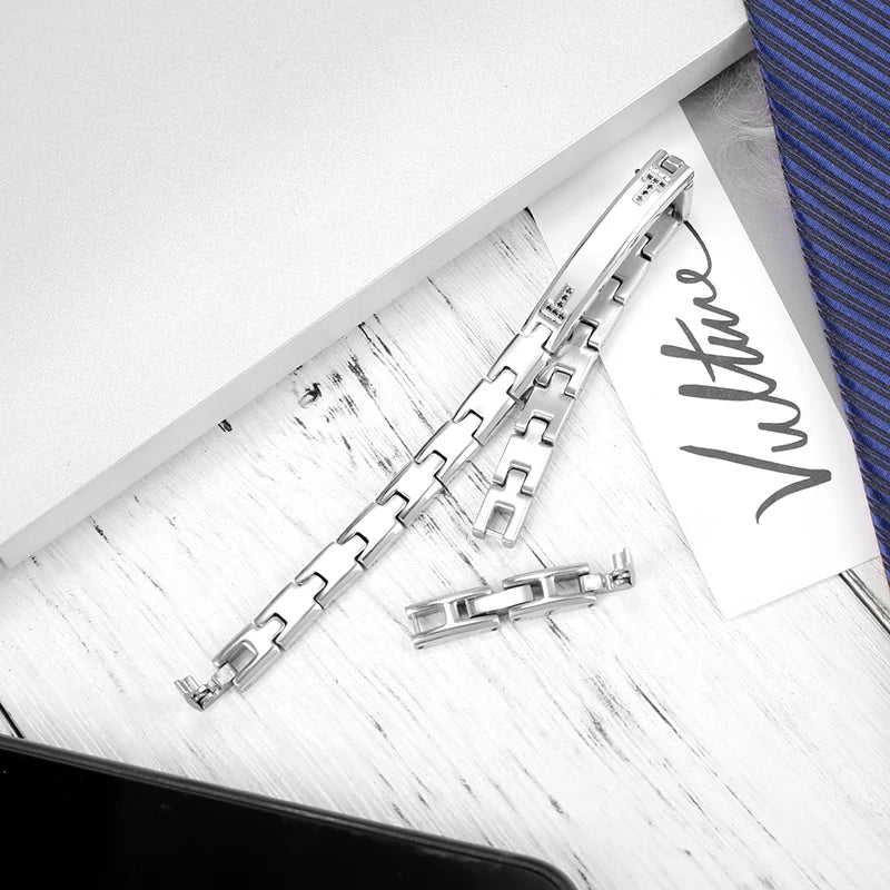 Men's Stainless Steel Bar Bracelet with Black Zircon