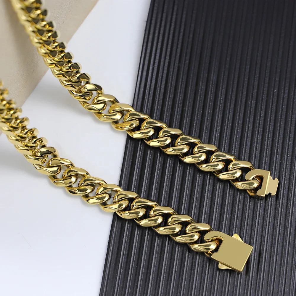 Polished Gold Tone Cuban Link Chain Necklace for Men