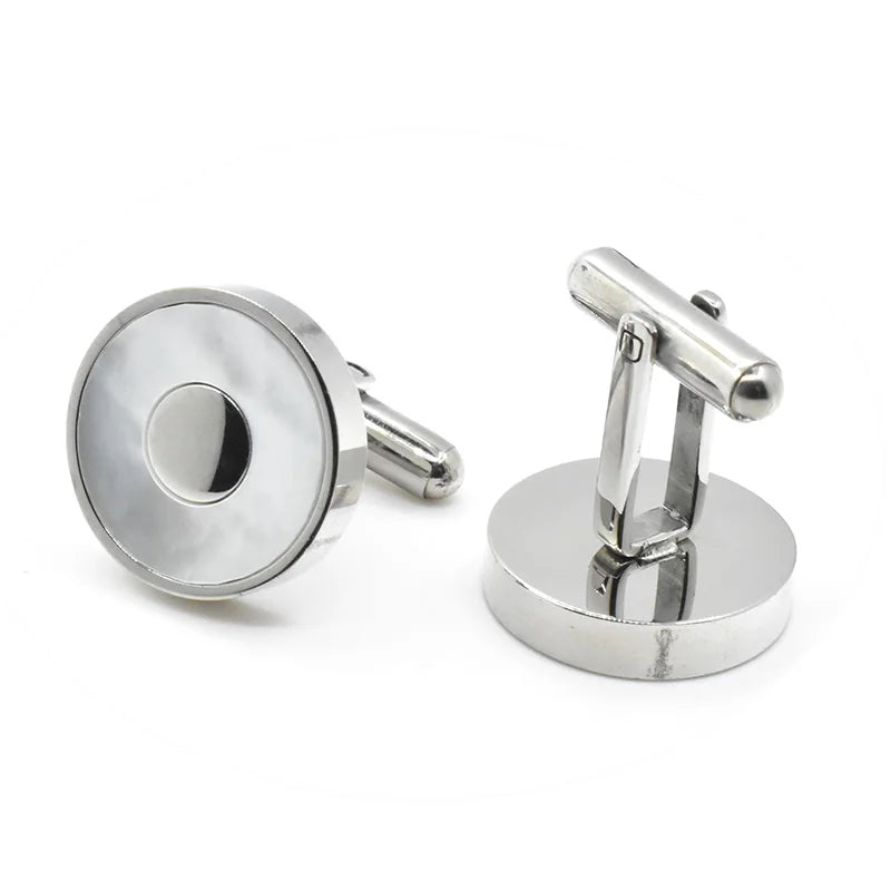 Mother of Pearl Inlay Circle Silver Tone Cufflinks