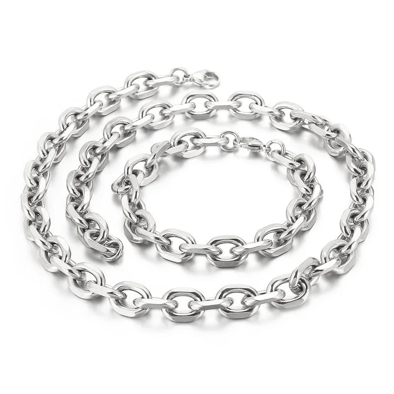 Oval Rolo Link Chain Necklace Bracelet Set