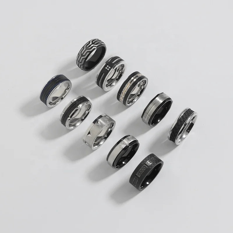 Men's Stainless Steel Carbon Fiber Inlay Ring Set