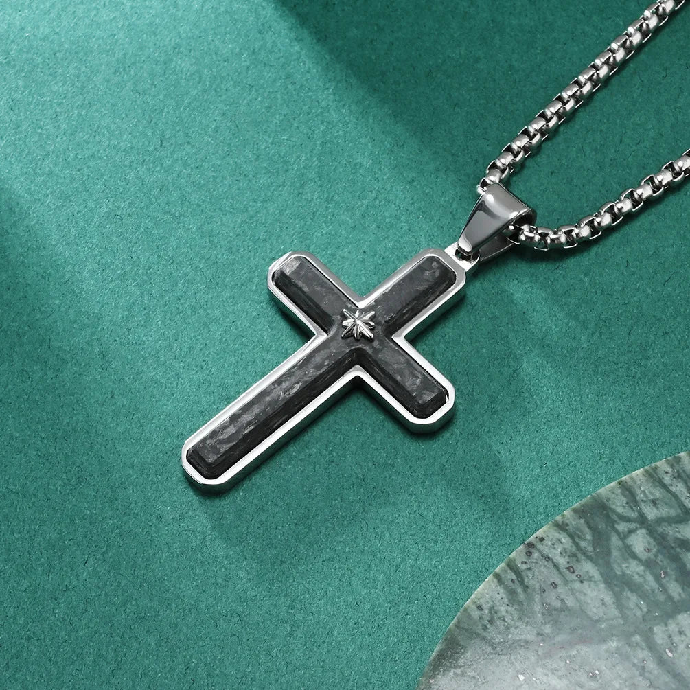 Men's Carbon Fiber Cross Pendant with Star Necklace