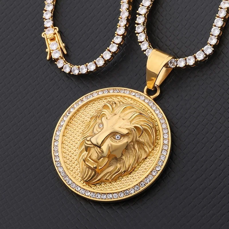Gold Lion Head Cubic Zirconia Pendant Necklace