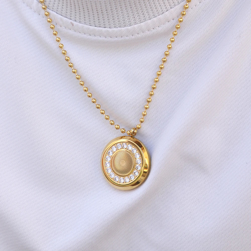 Gold-Plated Round CZ Double-Sided Pendant Ball Chain Necklace