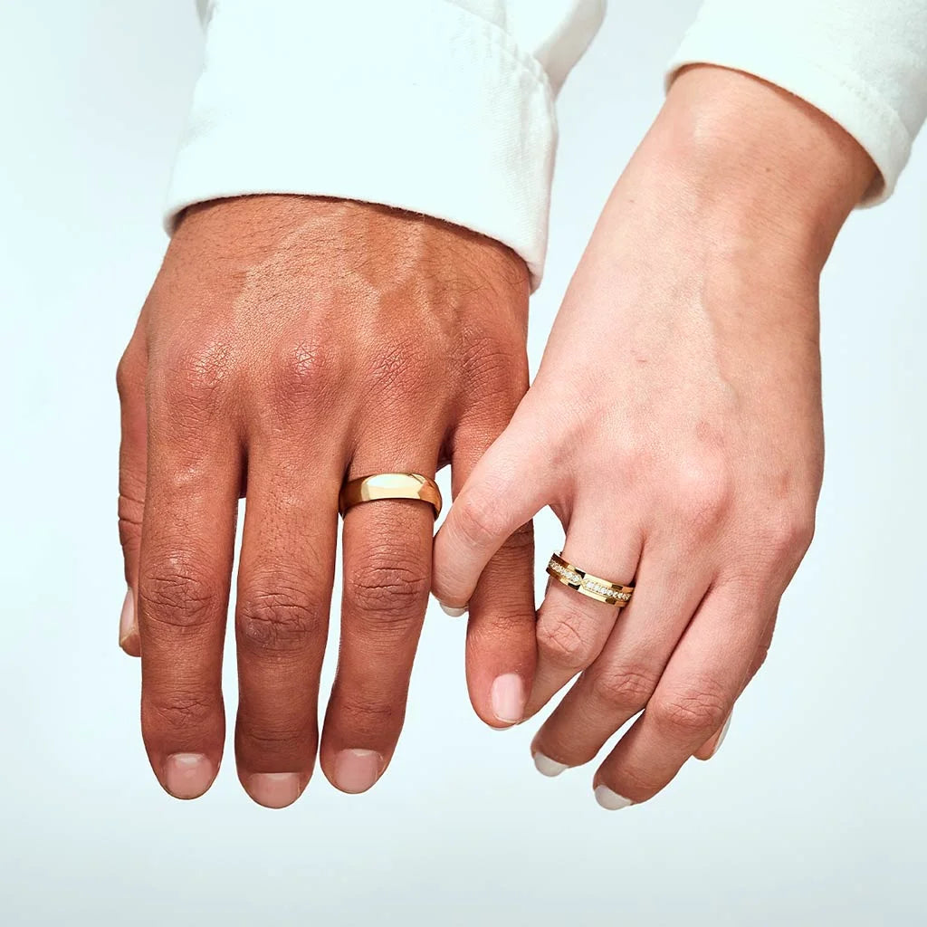 Polished Gold Tone Plain and Stone Set Couple Rings