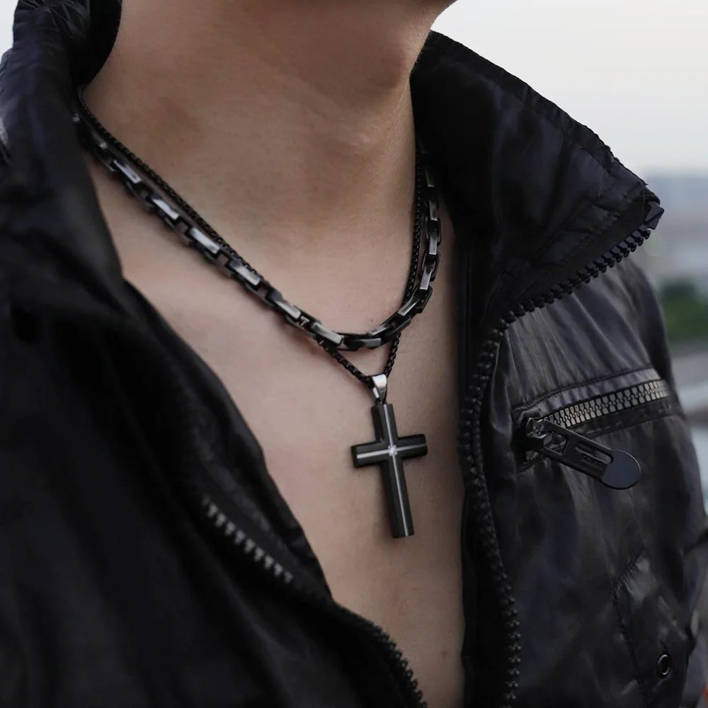Modern Two-Tone Cross Pendant Necklace with Zircon
