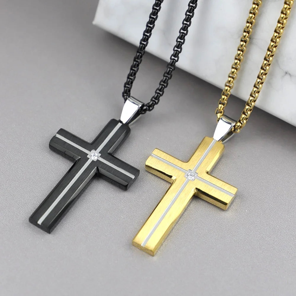 Modern Two-Tone Cross Pendant Necklace with Zircon