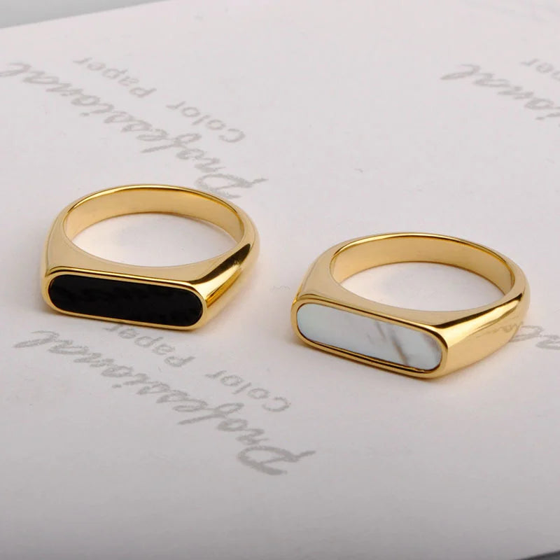 Gold Plated Signet Ring with Black/White Inlay
