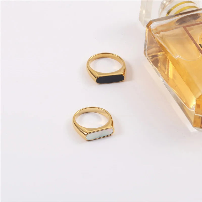 Gold Plated Signet Ring with Black/White Inlay