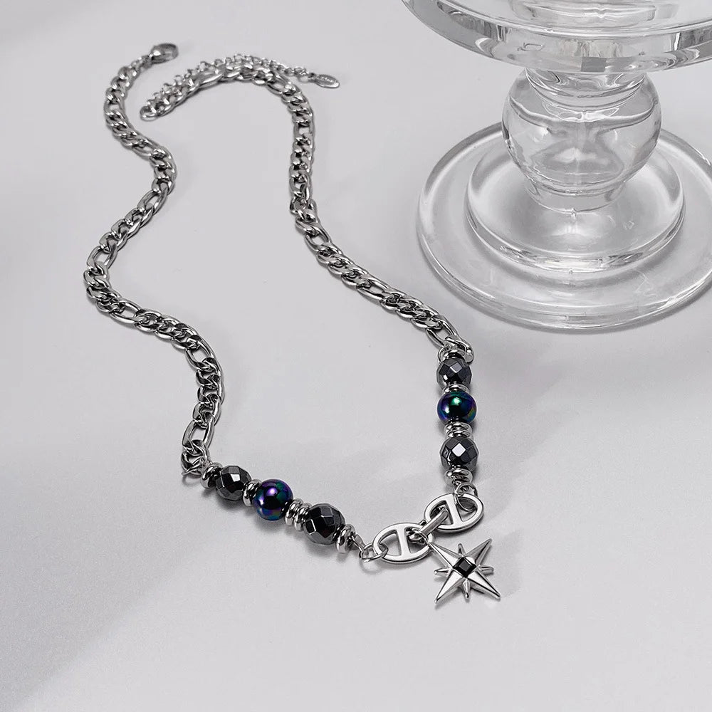 Stainless Steel Figaro Chain with Hematite Star Necklace