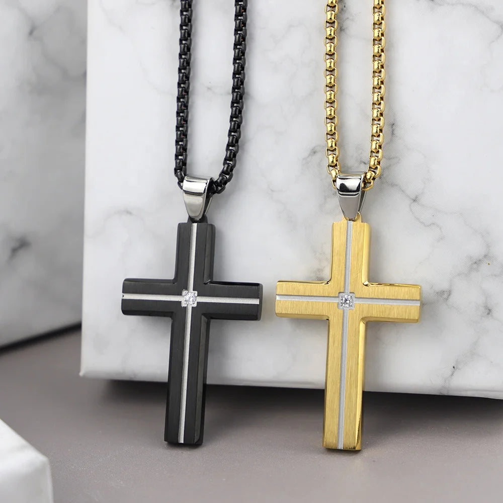 Modern Two-Tone Cross Pendant Necklace with Zircon
