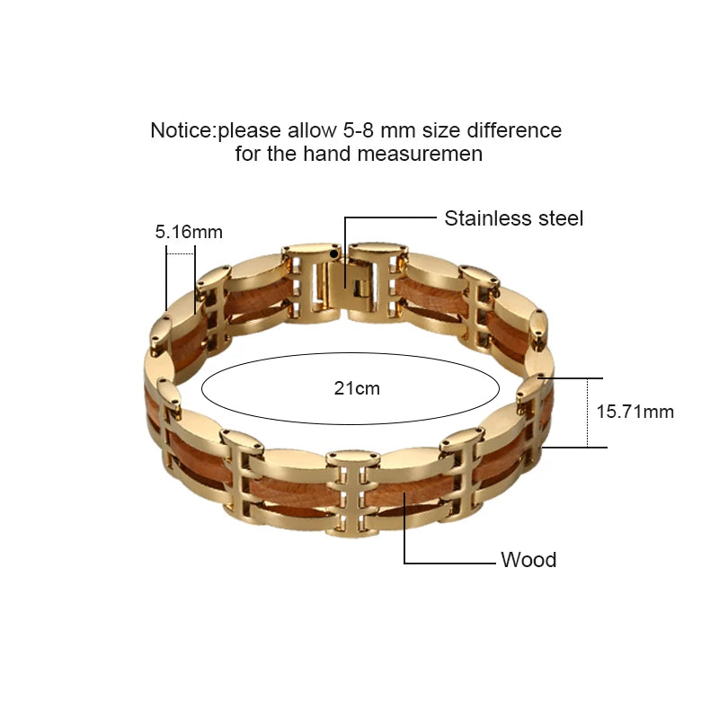 Men's Stainless Steel and Wood Link Bracelet