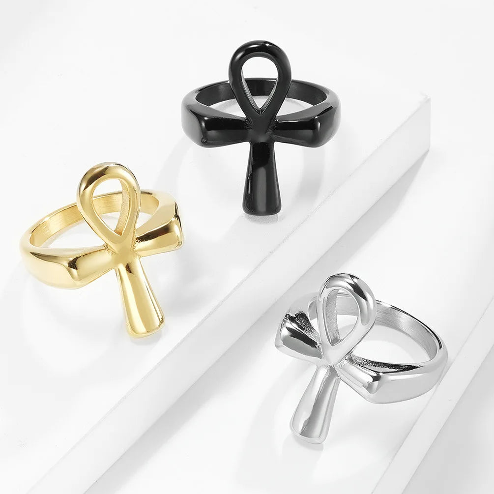 Polished Egyptian Ankh Cross Stainless Steel Ring