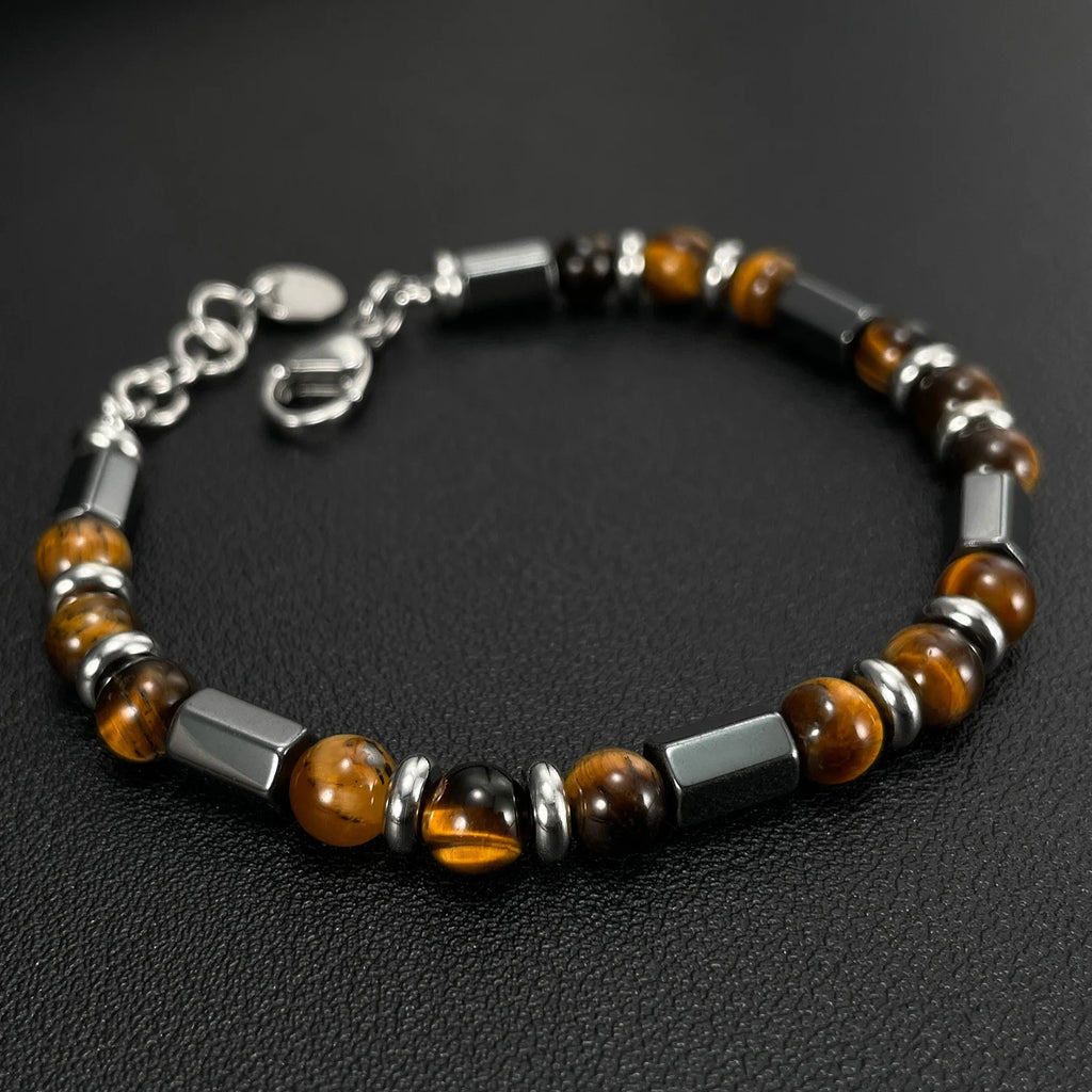 Men's Beaded Bracelet with Tiger's Eye and Stainless Steel