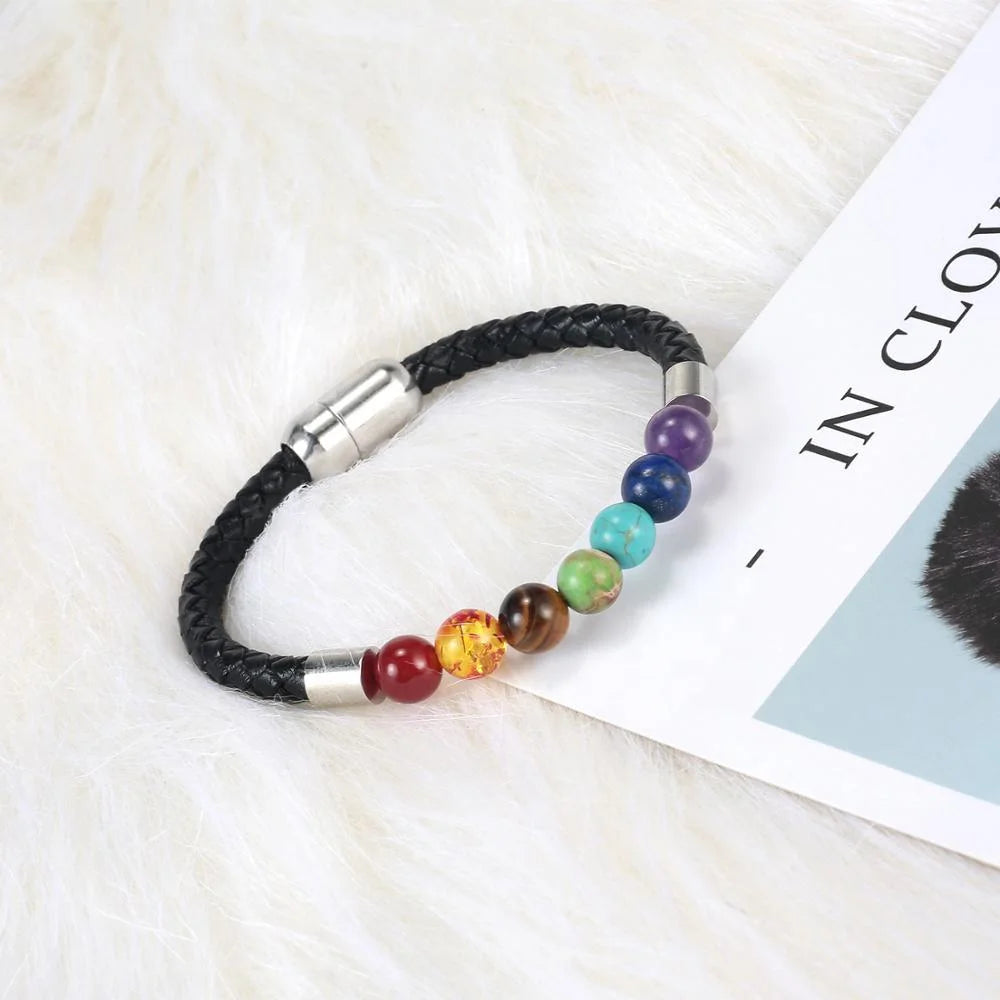 Rainbow Chakra Gemstone Beaded Braided Leather Bracelet