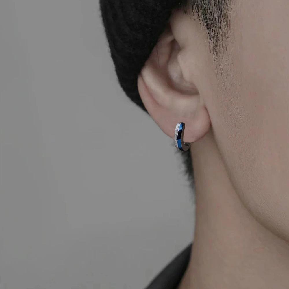 Men's Engraved Blue Inlay Huggie Hoop Earrings