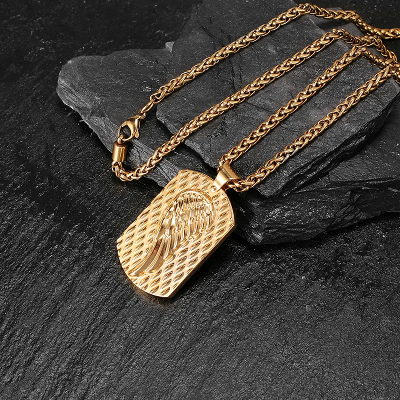 Gold Winged Dog Tag Stainless Steel Necklace