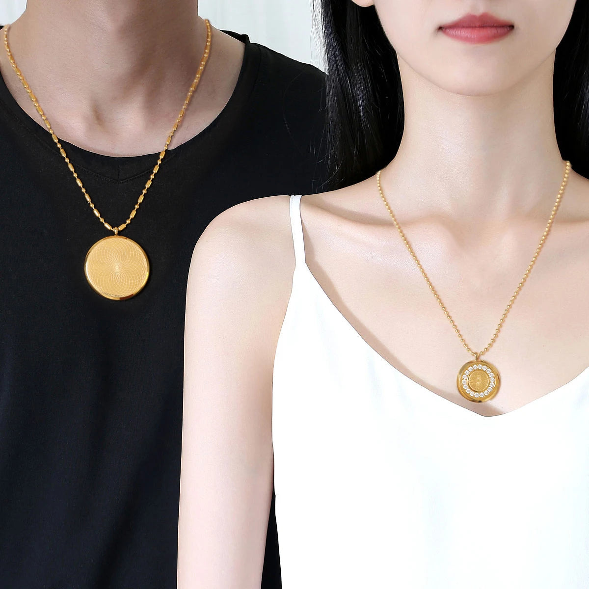 Gold-Plated Round CZ Double-Sided Pendant Ball Chain Necklace
