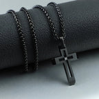 Black Plated Stainless Steel Cut-Out Cross Necklace