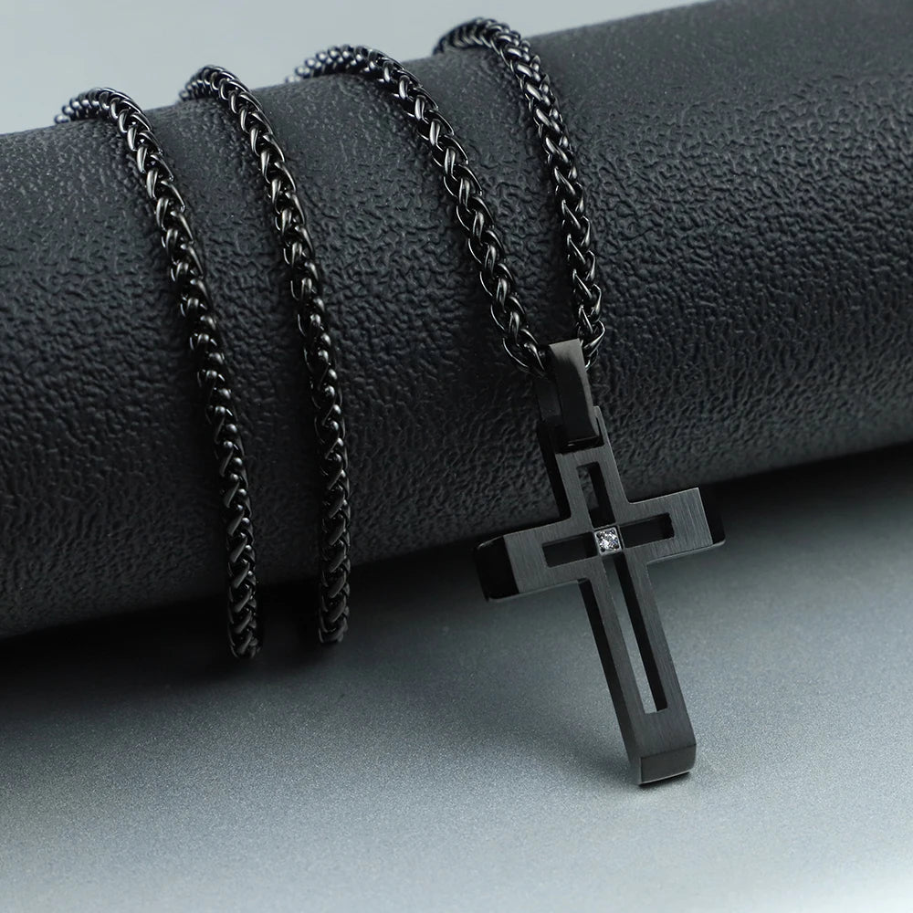 Black Plated Stainless Steel Cut-Out Cross Necklace