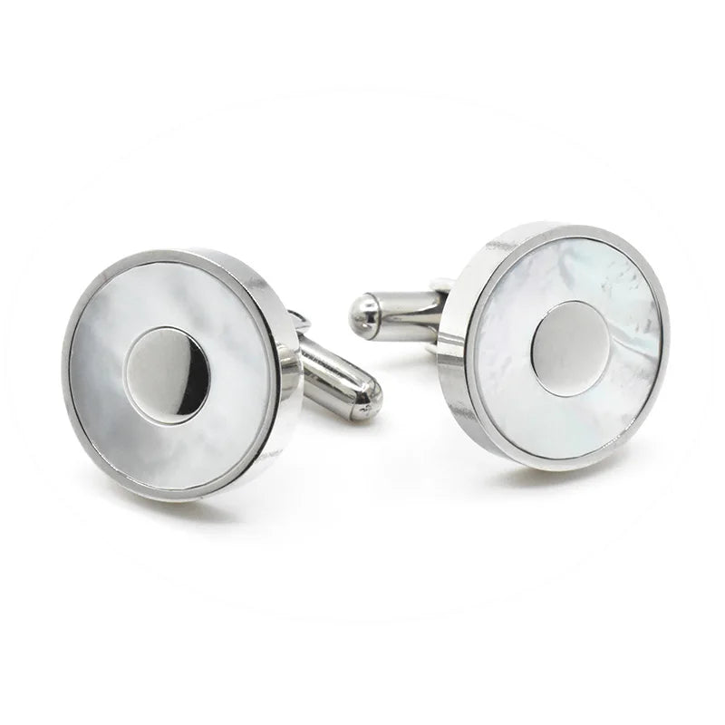Mother of Pearl Inlay Circle Silver Tone Cufflinks